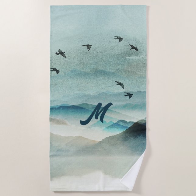 Toalla De Playa Calma Monogramada Naturaleza Watercolor Montaña Es (Anverso)