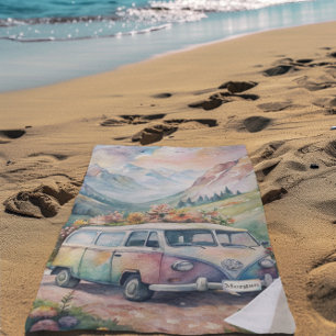 Toalla De Playa Camioneta acuarela con regalo de placa de licencia
