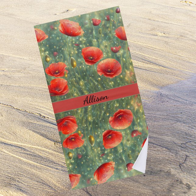 Toalla De Playa Campo brillante de amapolas rojas, personalizable (Subido por el creador)