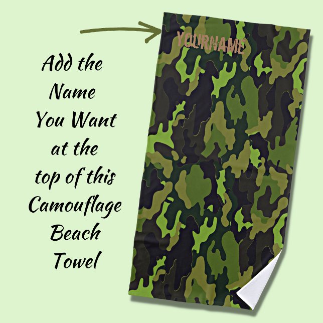 Toalla De Playa Camuflaje de Camo - Añadir tu nombre - Verde y gri (Subido por el creador)
