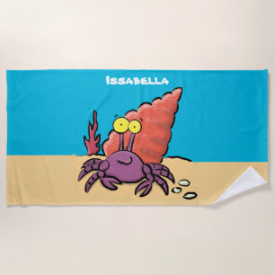 Toalla De Playa Cangrejo ermitaño gracioso personalizado morado