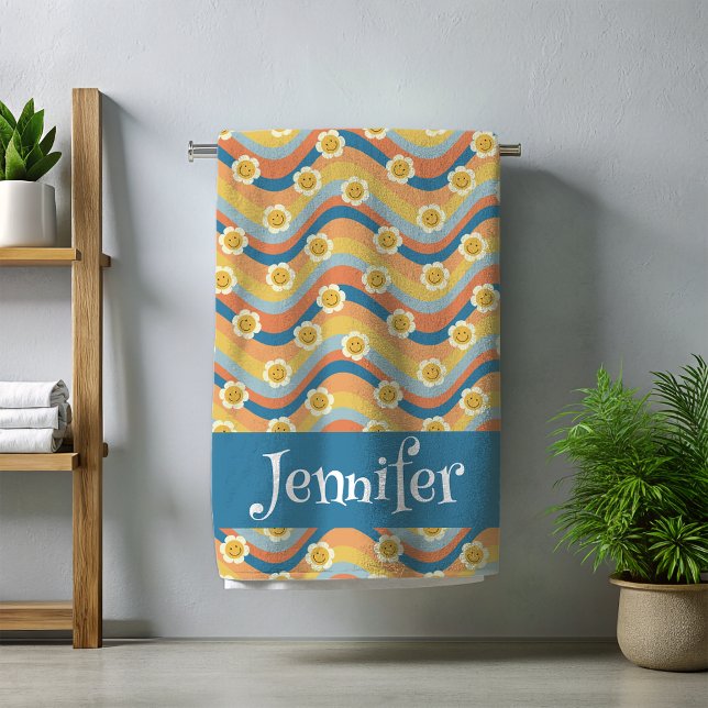 Toalla De Playa Cara sonriente de arcoíris retro flores (Subido por el creador)