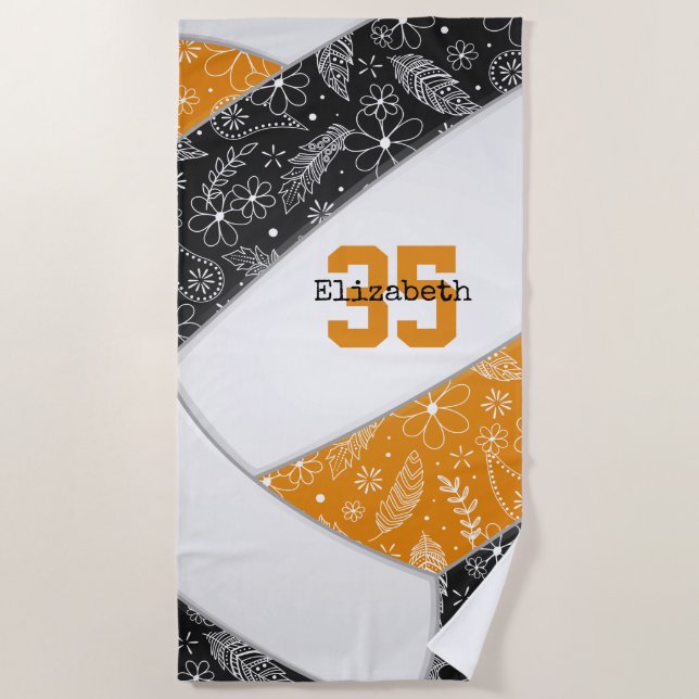 Toalla De Playa caricaturista florido de naranja negro (Anverso)