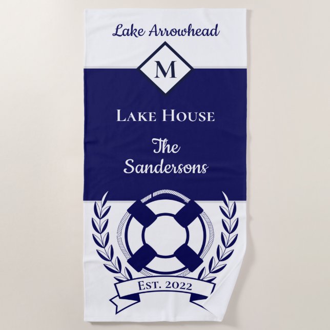 Toalla De Playa Casa de Monograma Blanco Azul de la Marina Náutica (Anverso)