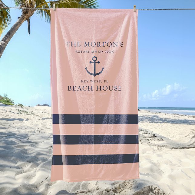 Toalla De Playa Casa de playa familiar Nautical Smoky Salmon Ancho (Nautical Smoky Salmon Anchor Family Beach House Beach Towel)