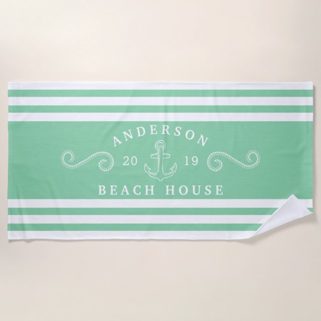 Toalla De Playa Casa de playa Náutica Mint Green personalizada (Anverso)