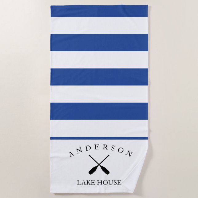 Toalla De Playa Casa personalizada profunda del lago stripe azul (Anverso)