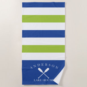 Toalla De Playa Casa personalizada raya azul y verde profunda del