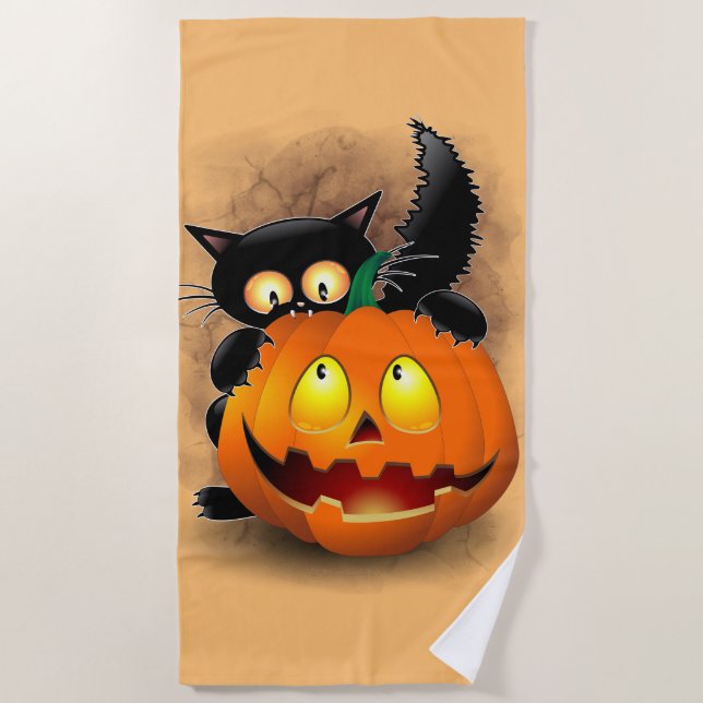 Toalla De Playa Cat Fun Halloween Character biting a Pumpkin  (Anverso)