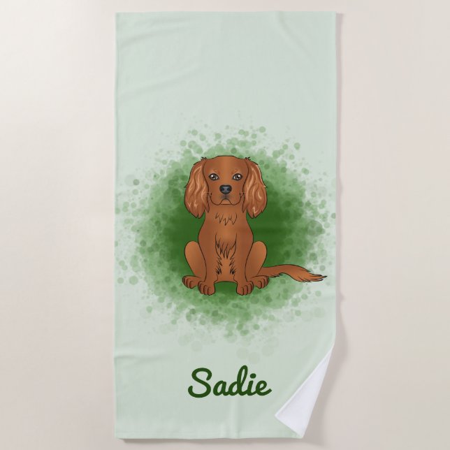 Toalla De Playa Cavalier King Charles Spaniel de rubí sobre verde (Anverso)