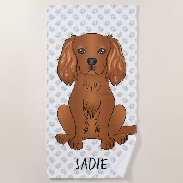 Toalla De Playa Cavalier King Charles Spaniel rubí & Nombre (Anverso)