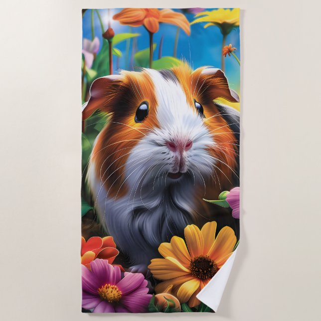 Toalla De Playa Cerdo guineano entre flores vibrantes (Anverso)