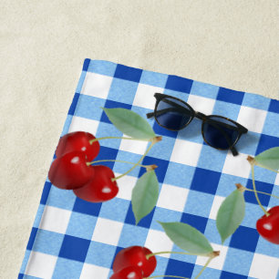 Toalla De Playa Cerezas Retro Y Gingham Azul