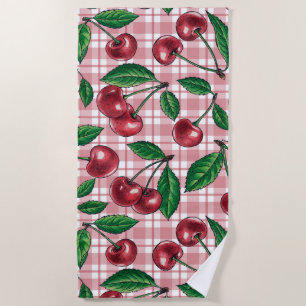 Toalla De Playa Cerezas rojas en gingham rosa
