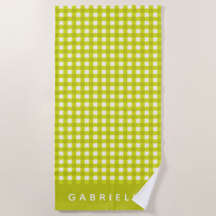 Toalla De Playa Chartreuse Gingham Nombre Personalizado Verano Lin