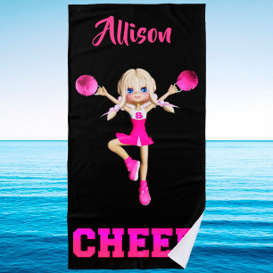 Toalla de playa Cheer personalizada en rosa y negr
