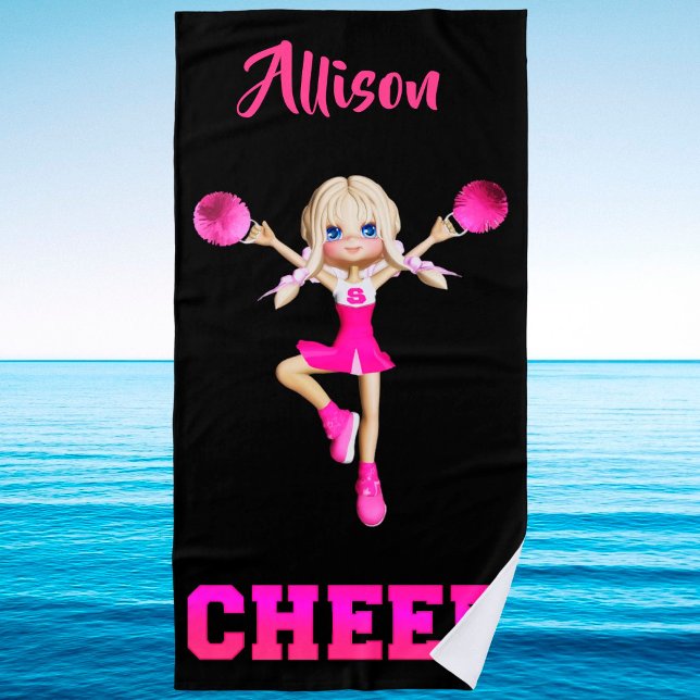 Toalla de playa Cheer personalizada en rosa y negr (Subido por el creador)