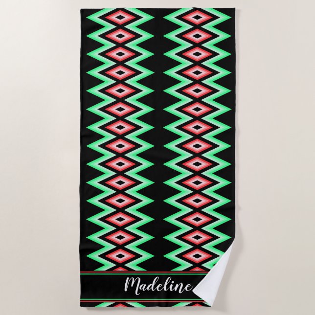 Toalla De Playa Chevron Caligraphy Name Red Green Tropical Beach (Anverso)