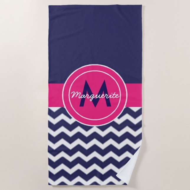 Toalla De Playa Chevron rosado azul marino (Anverso)
