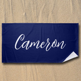 Toalla De Playa Chic Azul Marino Nombre Personalizado Letra Script