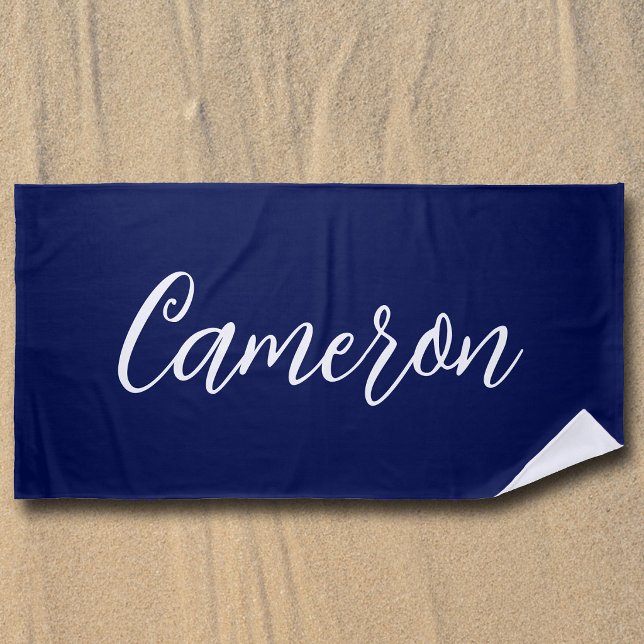 Toalla De Playa Chic Azul Marino Nombre Personalizado Letra Script (Subido por el creador)