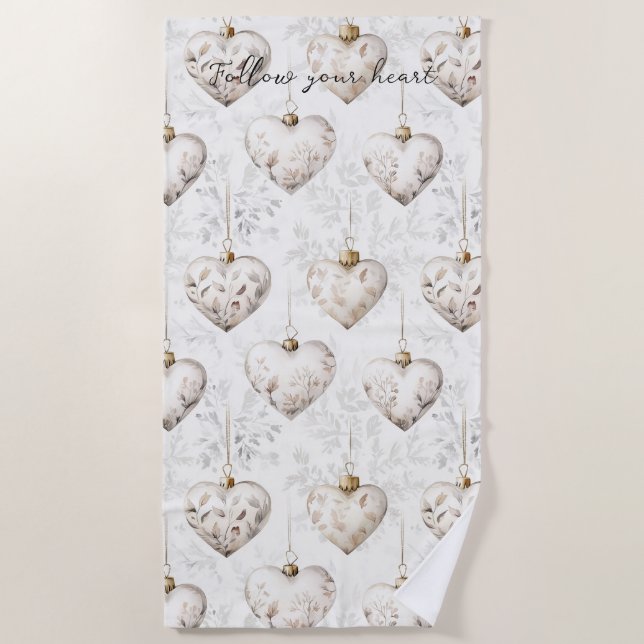 Toalla De Playa Chic Cream Grey Hearts Ornaments   (Anverso)