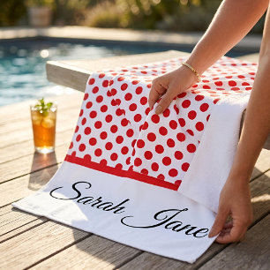 Toalla De Playa Chic Minimalista Rojo y Blanco Lunares Nombre Pers