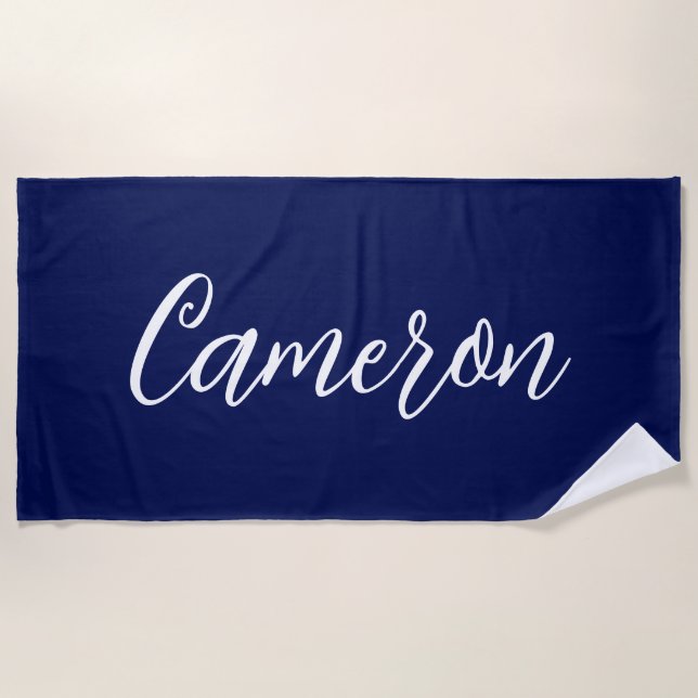 Toalla De Playa Chic Navy Blue Name Custom Handwritten Script (Anverso)