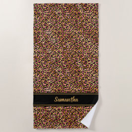Toalla De Playa Chic Negro Rosa Dorado Estampado Leopardo Personal