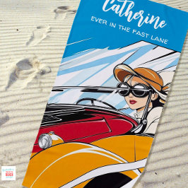 Toalla De Playa Chica conduciendo auto de vintage rápido