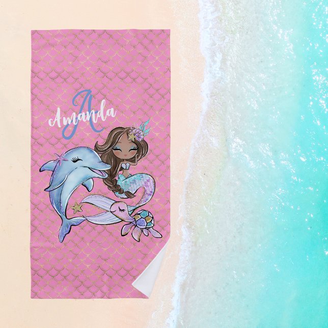 Toalla De Playa Chica de nombre personalizado de la sirena marrón  (Brown Mermaid Custom Name Girl Pink Beach Towel
)