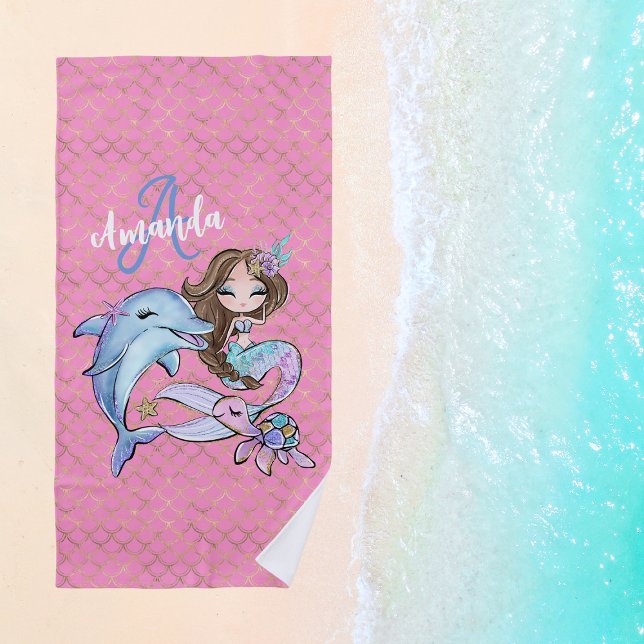 Toalla De Playa Chica de nombre personalizado de sirena de pelo ma (Dark Brown Hair Mermaid Custom Name Girl Pink Beach Towel
)