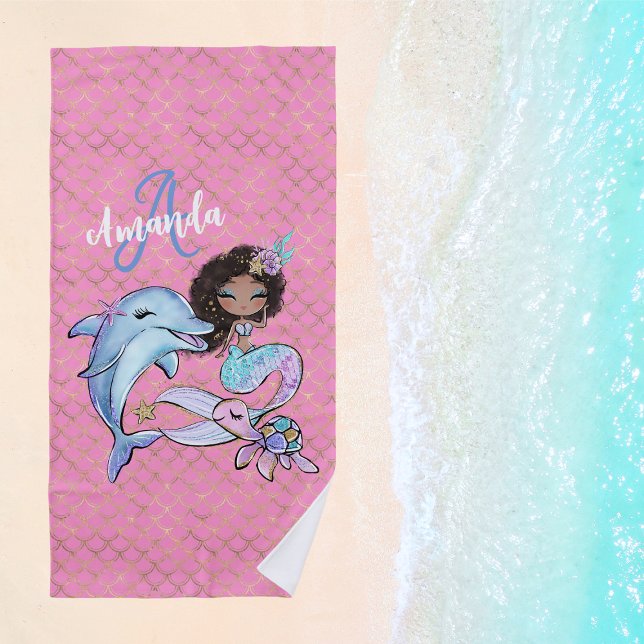 Toalla De Playa Chica de nombres personalizados de sirena afroamer (African American Mermaid Custom Name Girl Beach Towel
)
