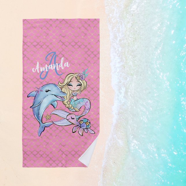 Toalla De Playa Chica de Personalizado de sirenas rosadas (Pink Cute Mermaid Custom Girl Beach Towel
)