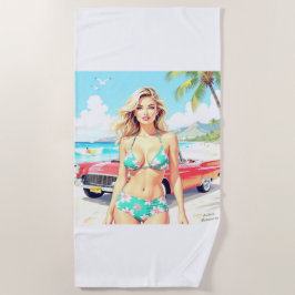 Toalla De Playa Chica en la playa con un coche clásico