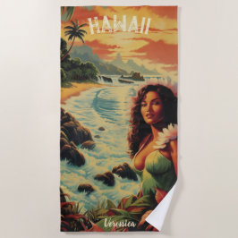 Toalla De Playa Chica hawaiano de arte vintage de Hawaii Beach