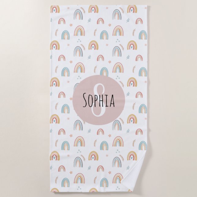 Toalla De Playa Chicas Cute acuarela Patrón Arcoiris Niños Boho (Anverso)