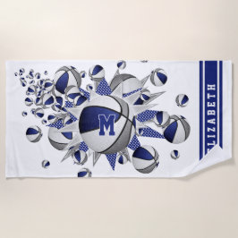 Toalla De Playa chicas de baloncesto de color gris azul monogramad