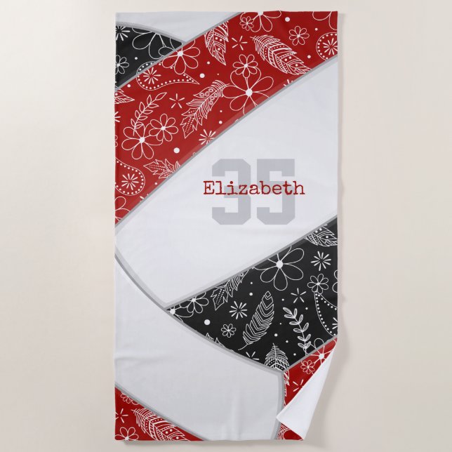 Toalla De Playa chicas de voleibol de boho negro rojo con flores p (Anverso)