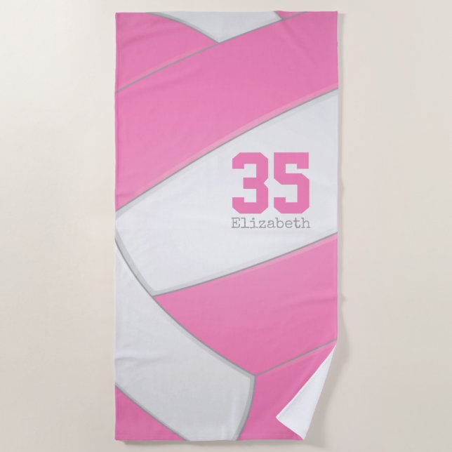 Toalla De Playa chicas de voleibol rosa y blanco personalizados (Anverso)