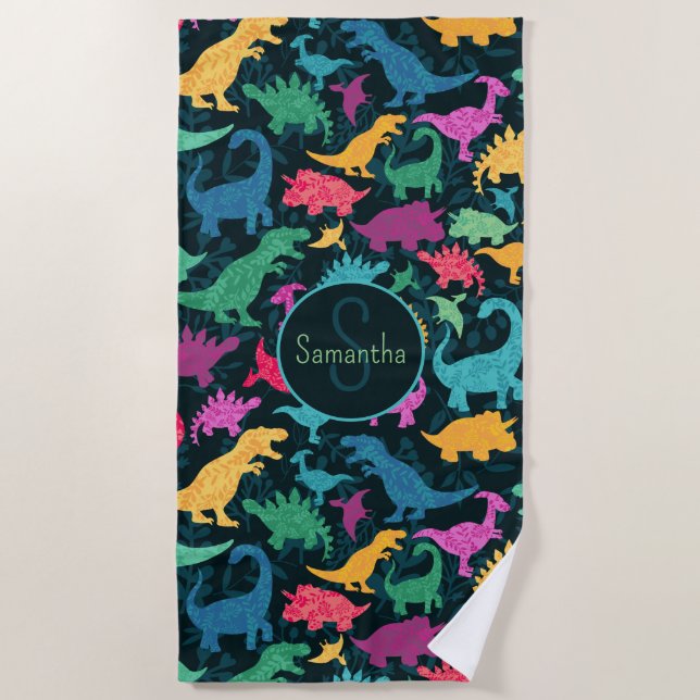 Toalla De Playa Chicas Girly Floral Dinosaur Silhouette (Anverso)