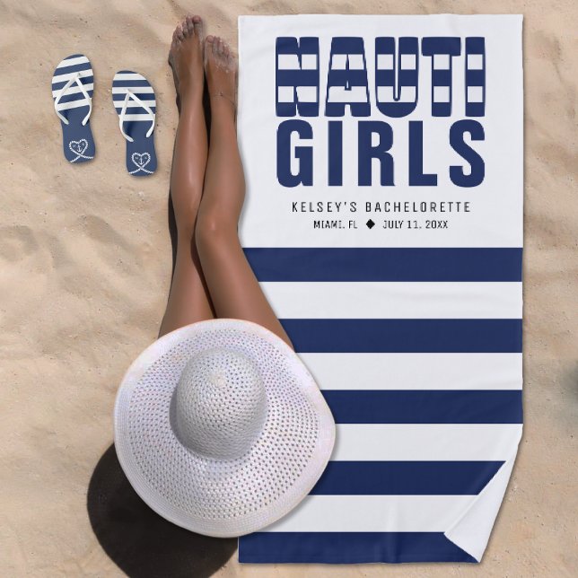 Toalla De Playa Chicas traviesas rayas náuticas despedida de solte (Nauti Girls Striped Nautical Bachelorette Party Beach Towel
)