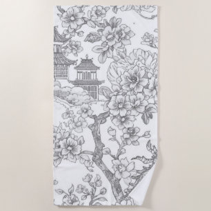 Toalla De Playa Chinoiserie Toile Dragón Flor de Cerezo Ornamental