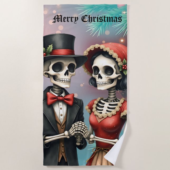 Toalla De Playa Christmas Bone Romance, A festive skeleton couple. (Anverso)