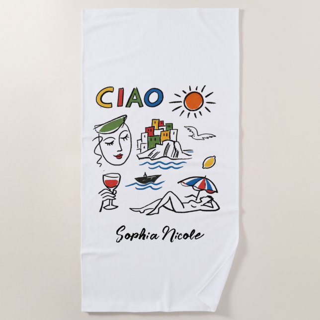 Toalla De Playa Ciao! Italian Amalfi Coast Hand Drawn Custom Name (Anverso)