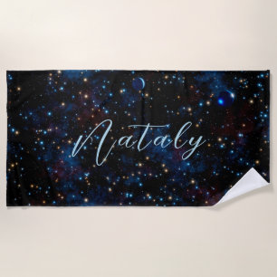 Toalla De Playa Cielo nocturno con estrellas y planetas personaliz
