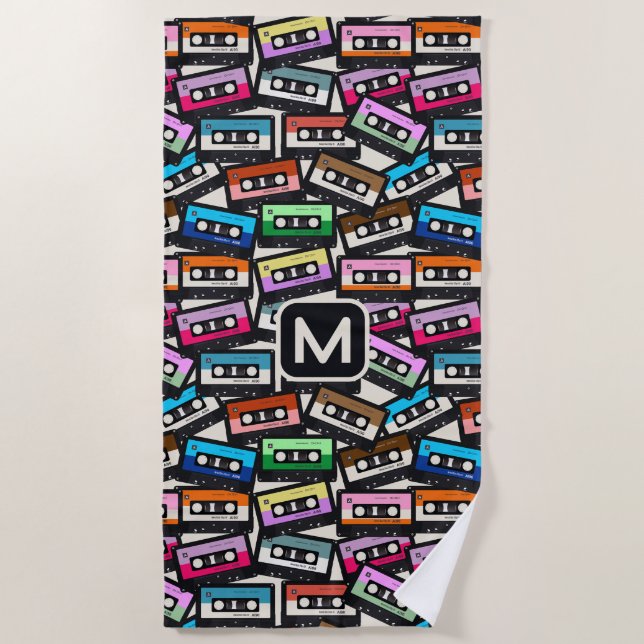 Toalla De Playa Cintas de casette retro monograma personalizado (Anverso)