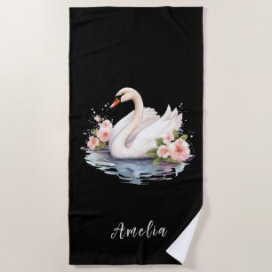Toalla De Playa Cisne Negro Floral Acuarela Elegante Nombre Único