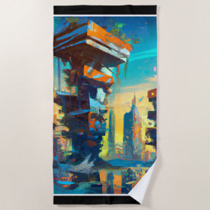 Toalla De Playa Ciudad distópica futurista, pintura generada por I