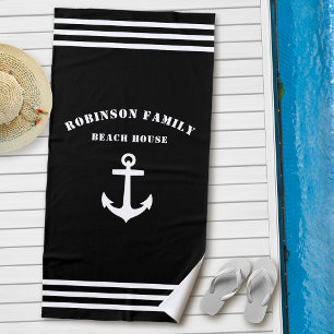 Toalla De Playa Clásica Nautical Anchor Family Beach House Black